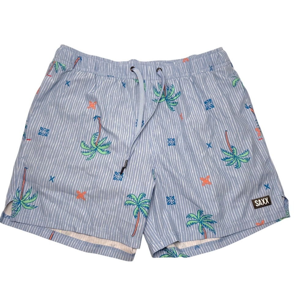 Saxx Swim Shorts Mens Large Blue Striped Oh Buoy 2N1 BallPark Pouch Palm Tree